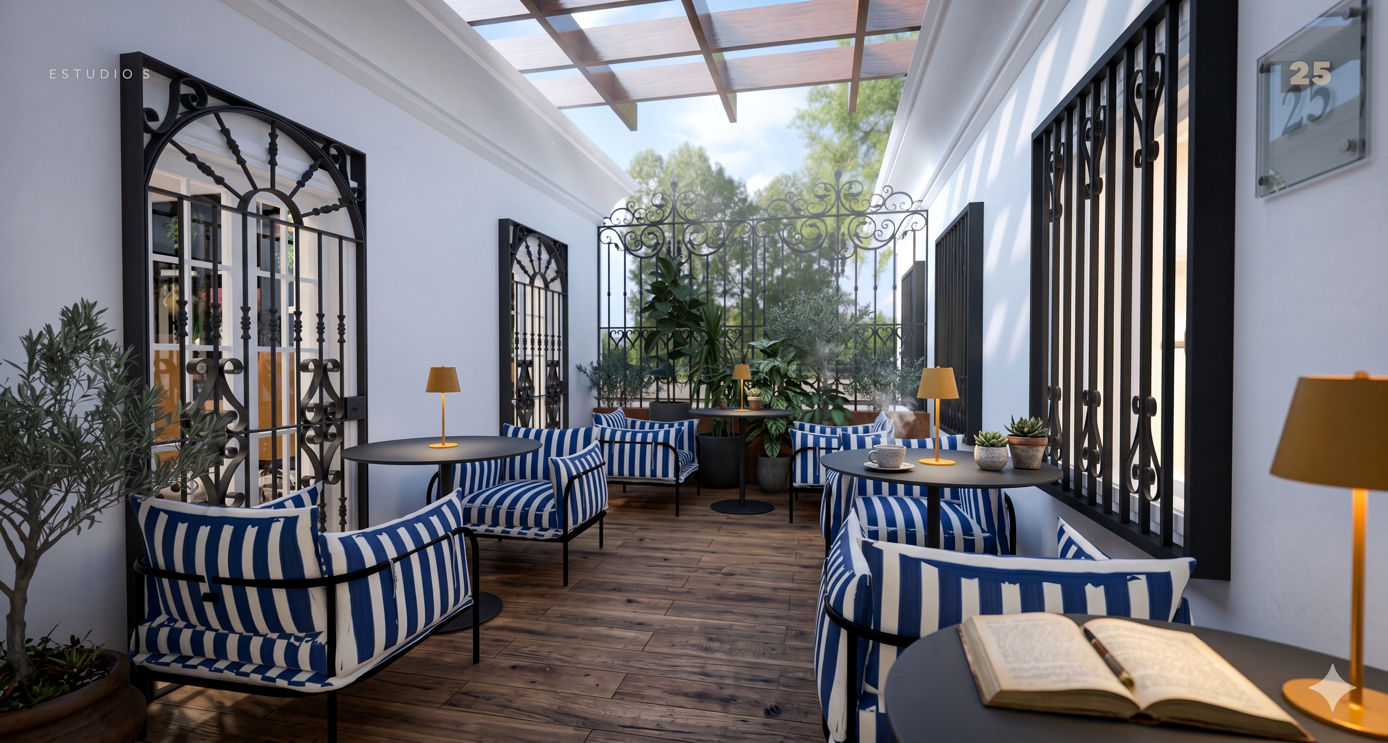 Edge Haus Cigar Lounge · Terraza con sillas a rayas azul y blanco