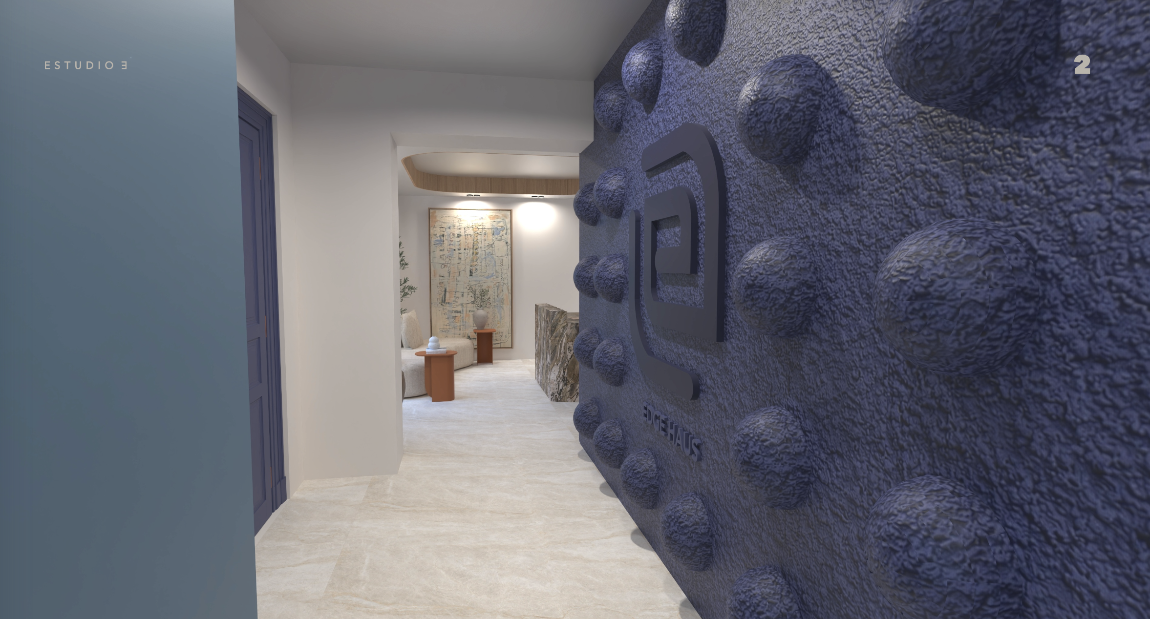 Hallway Edge Haus con logo embossed en pared texturizada